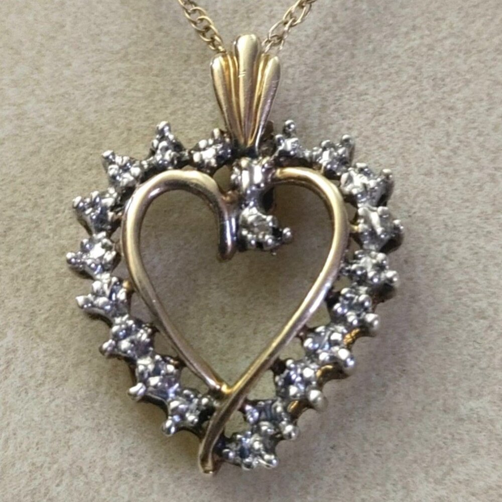 10K Yellow Gold Heart Pendant Necklace Vintage Diamond Prong Accent Stamped JCM